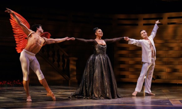 Opera Atelier Artist-in-Residence soprano Measha Brueggergosman-Lee with Artists of Atelier Ballet Eric Da Silva as Amour and Tyler Gledhill as Morpheus in Opera Atelier’s fully-staged production of ALL IS LOVE. Photo by Bruce Zinger.