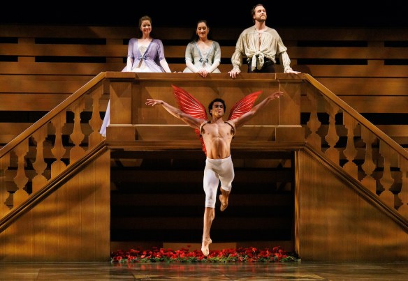 Soprano Karine White, soprano Cynthia Akemi Smithers, baritone Jesse Blumberg, and Artist of Atelier Ballet Eric Da Silva as Amour in Opera Atelier’s fully-staged production of ALL IS LOVE. Photo by Bruce Zinger.