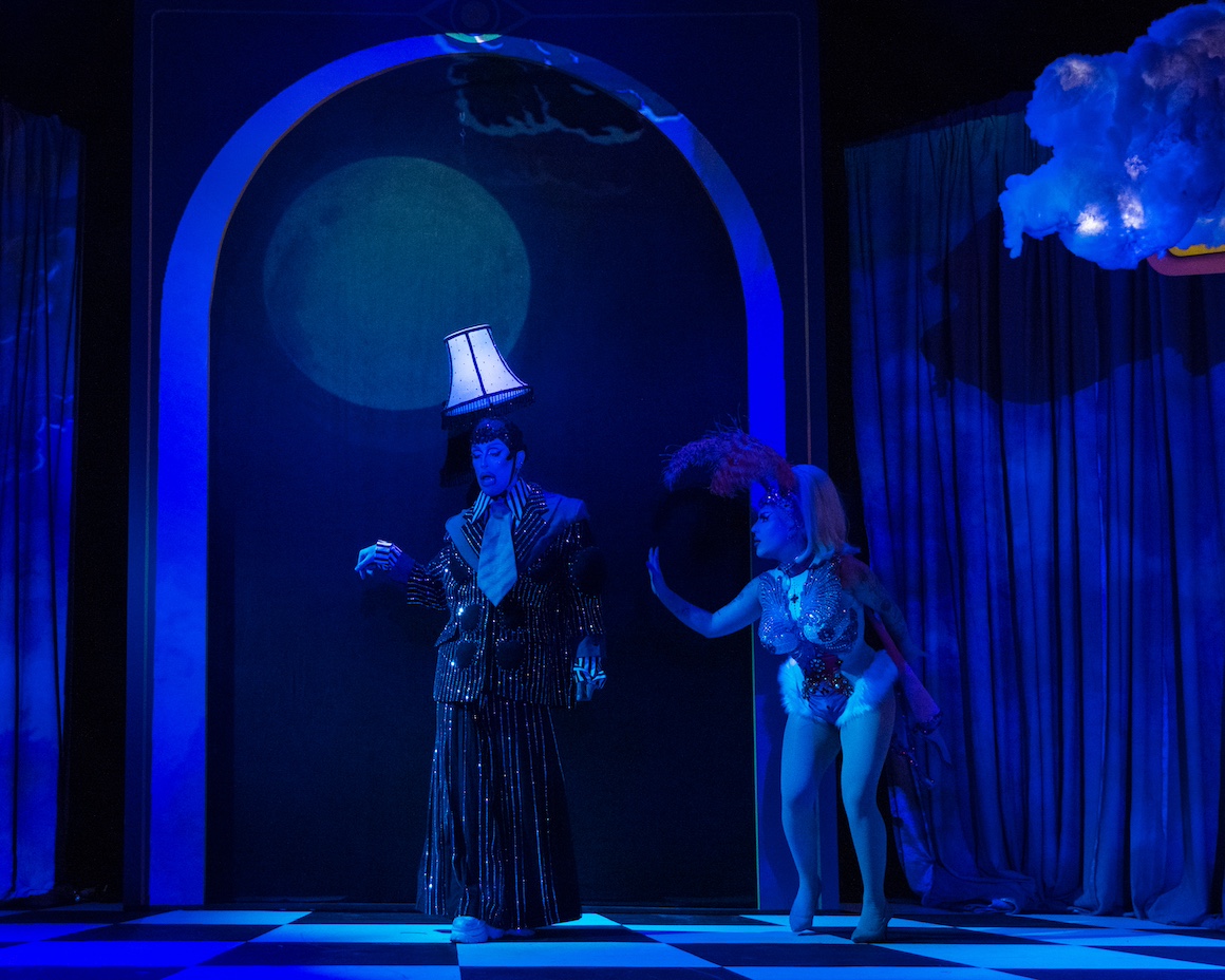 Oraculum-03_photo of Pythia (Christos Darlasis) and Denim (Emerson Sanderson) by Jeremy Mimnagh_set, projection, and lighting design by Cosette Ettie Pin, costume design by Pythia