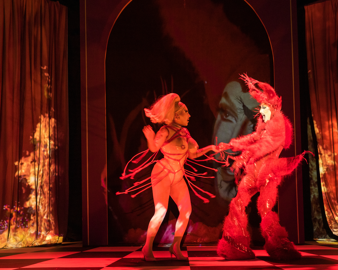 Oraculum-04_photo of Denim (Emerson Sanderson) and Pythia (Christos Darlasis) by Jeremy Mimnagh_set, projection, and lighting design by Cosette Ettie Pin, costume design by Pythia